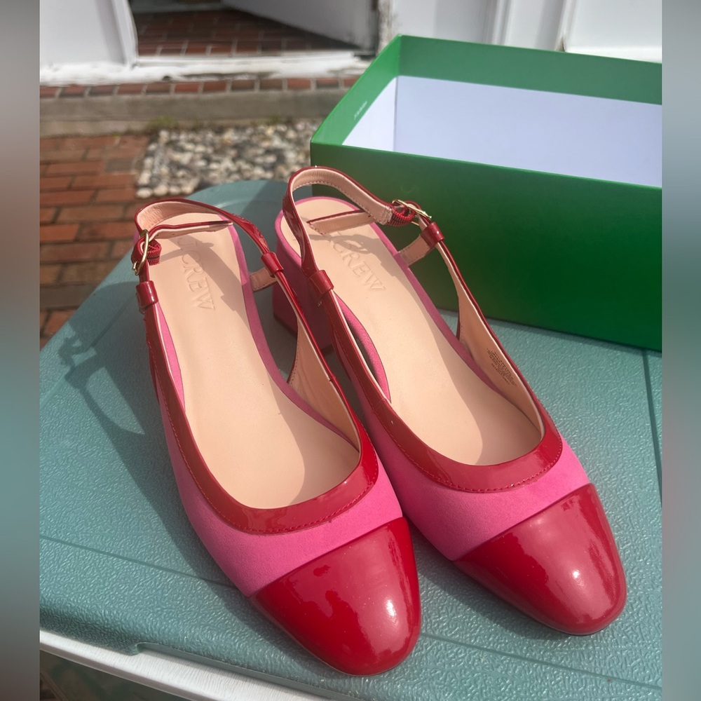 New. J. Crew Pink and Red Block Heel Slingbacks - Picture 5 of 8